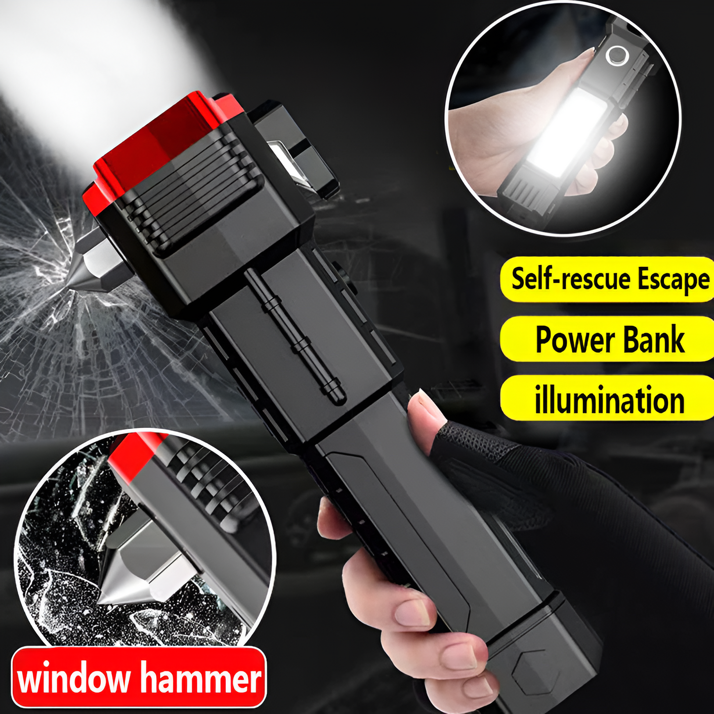 Power Bank Zoomable LED Torch | Emergency Car Hammer, Work Light, Lantern & Flashlight – Rechargeable Multi-Functional Tool